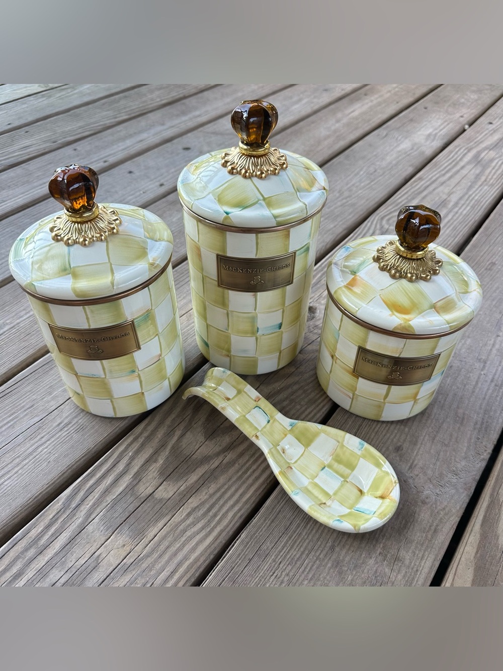 Mackenzie Childs Parchment Check Canister Set Spoon Rest Small Medium Large